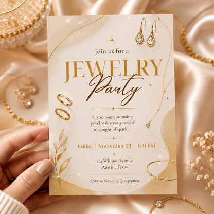 Jewelry Party Invitation Template, Editable Canva Invite, Printable Gold Jewelry Theme, Gold Theme, Editable Canva Template __etsy:8080818589