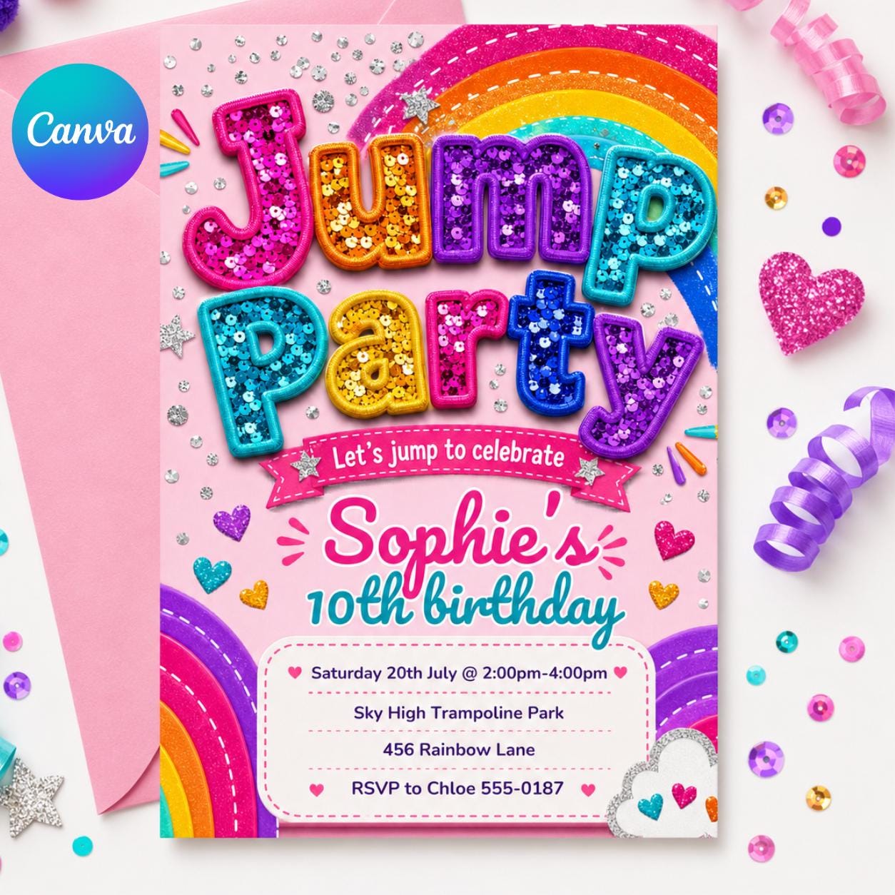 Jump Party Invitation, Trampoline Park Birthday invite, Bounce Party Invite, Jump Zone Birthday, Editable Canva Template __etsy:7991917048