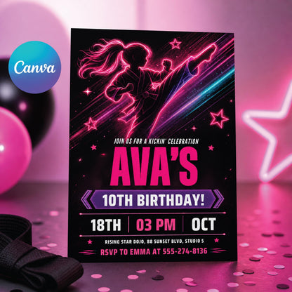 Karate Birthday Invitation, Martial Arts Party Invite, Neon Theme, Taekwondo Party, Kids Kick Party, Editable Template, Printable, Digital __etsy:7976714118