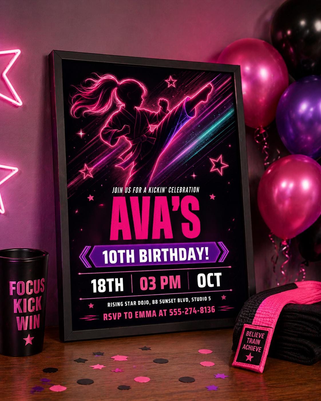 Karate Birthday Invitation, Martial Arts Party Invite, Neon Theme, Taekwondo Party, Kids Kick Party, Editable Template, Printable, Digital __etsy:8017913841