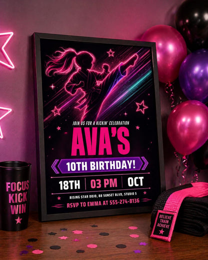 Karate Birthday Invitation, Martial Arts Party Invite, Neon Theme, Taekwondo Party, Kids Kick Party, Editable Template, Printable, Digital __etsy:8017913841
