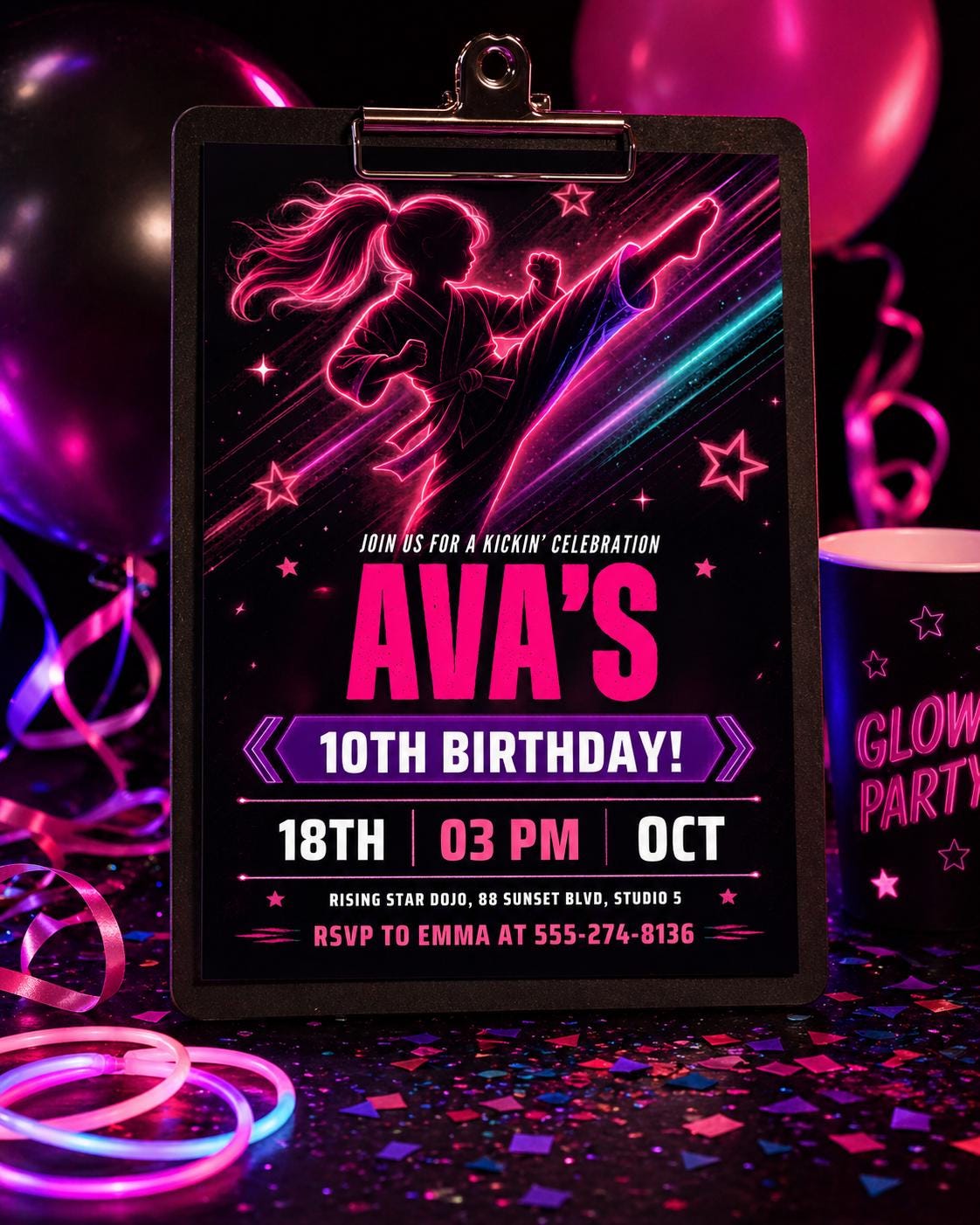 Karate Birthday Invitation, Martial Arts Party Invite, Neon Theme, Taekwondo Party, Kids Kick Party, Editable Template, Printable, Digital __etsy:7969964190