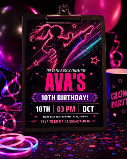 Karate Birthday Invitation, Martial Arts Party Invite, Neon Theme, Taekwondo Party, Kids Kick Party, Editable Template, Printable, Digital __etsy:7969964190