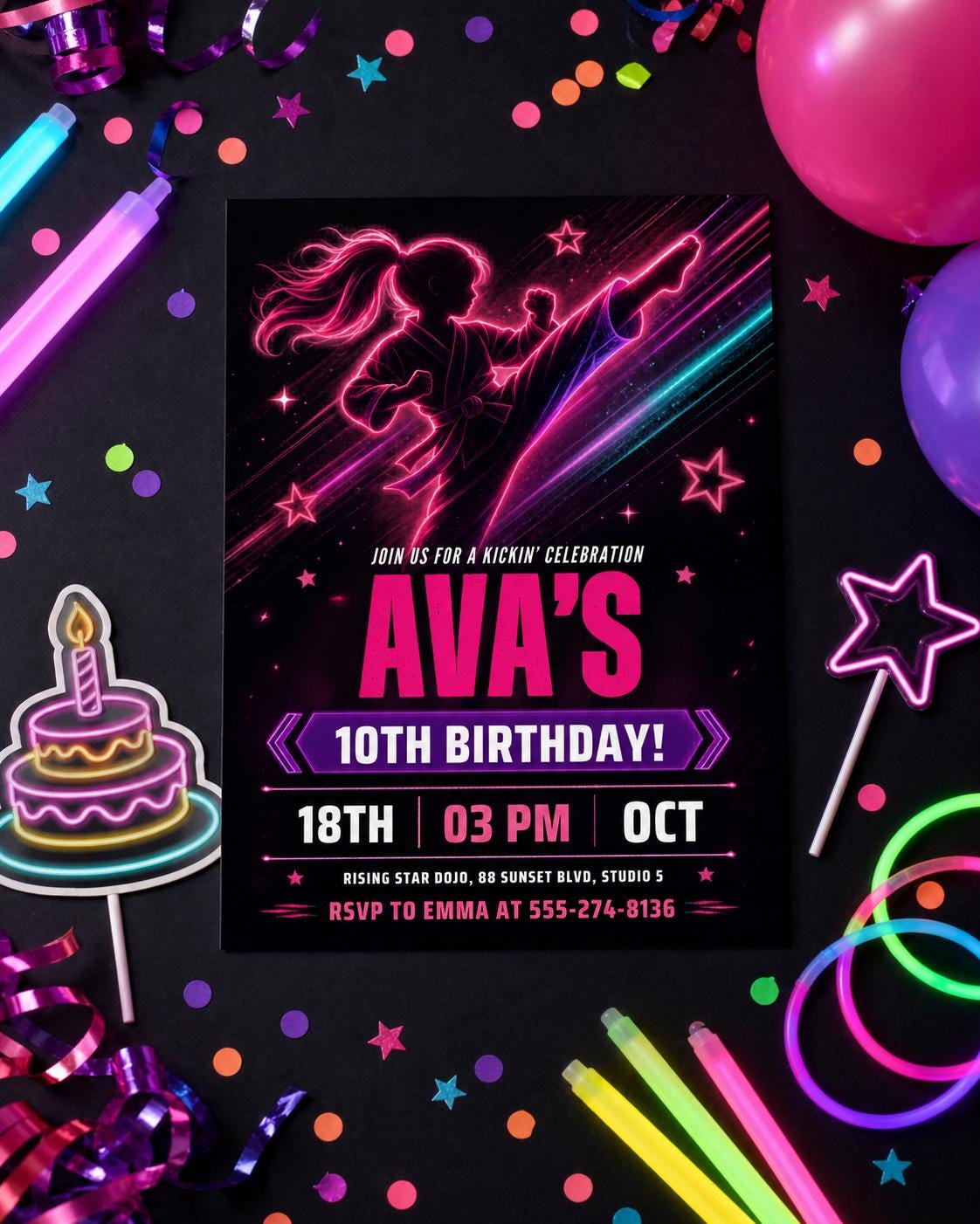 Karate Birthday Invitation, Martial Arts Party Invite, Neon Theme, Taekwondo Party, Kids Kick Party, Editable Template, Printable, Digital __etsy:8017913845