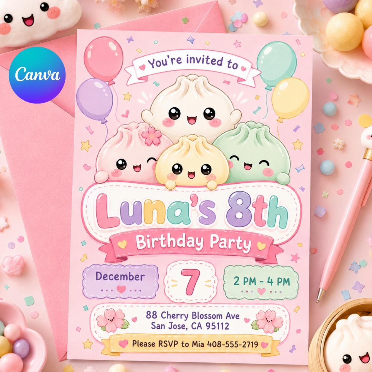 Kawaii Dumpling Birthday, Little Dumplin’ Birthday Invitation, Squishy Dumpling Party Invite, Cute Kawaii Kids Birthday, Canva Invitation __etsy:8032838588