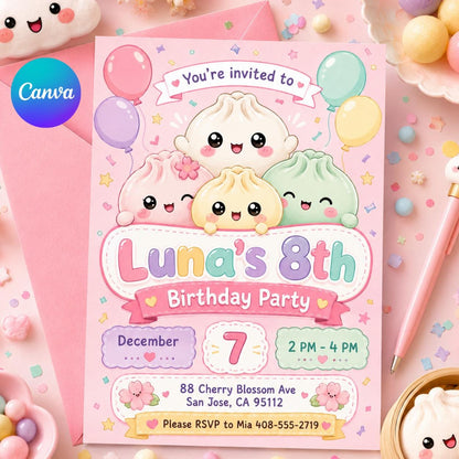 Kawaii Dumpling Birthday, Little Dumplin’ Birthday Invitation, Squishy Dumpling Party Invite, Cute Kawaii Kids Birthday, Canva Invitation __etsy:8032838588