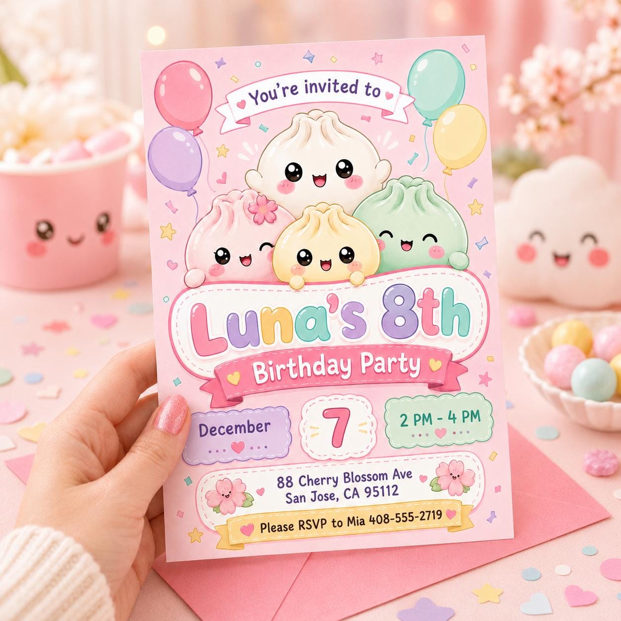 Kawaii Dumpling Birthday, Little Dumplin’ Birthday Invitation, Squishy Dumpling Party Invite, Cute Kawaii Kids Birthday, Canva Invitation __etsy:8080737971