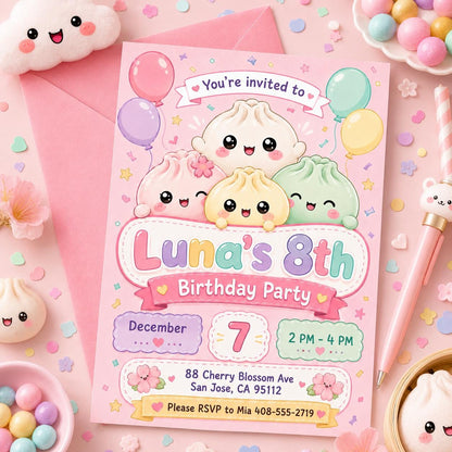 Kawaii Dumpling Birthday, Little Dumplin’ Birthday Invitation, Squishy Dumpling Party Invite, Cute Kawaii Kids Birthday, Canva Invitation __etsy:8032826270