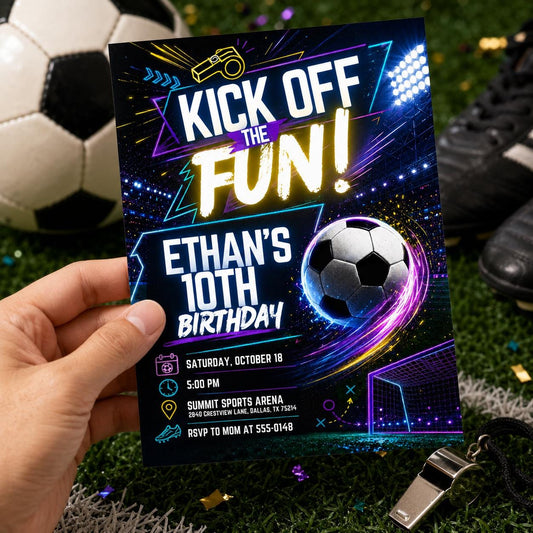 Kick Off The Fun Birthday Invitation, Editable Neon Soccer Party Invite, Boy 10th Birthday Sports Arena Template, Printable Digital __etsy:8177882741