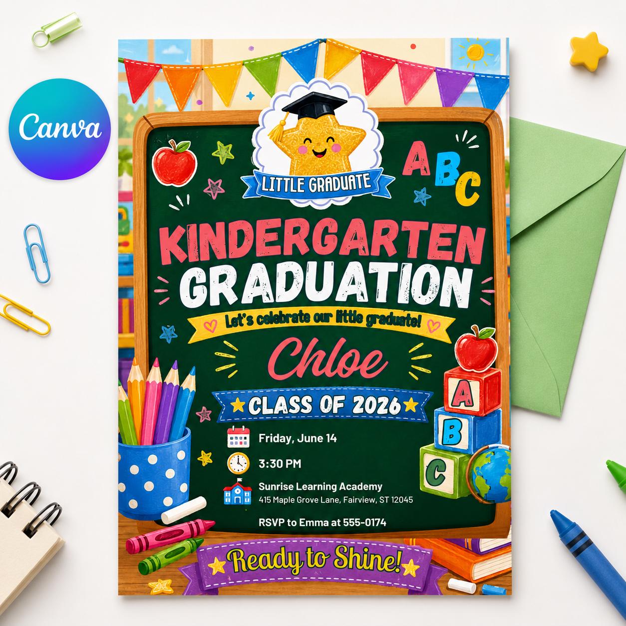 Kindergarten Graduation Invitation, Class of 2026 Kids Graduation Invite, Preschool Graduation Party, School Graduation, Canva Template __etsy:8063263486