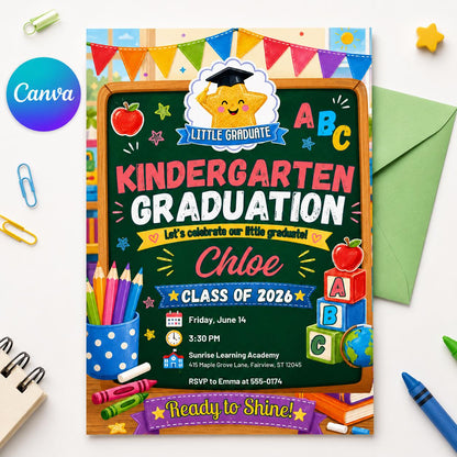 Kindergarten Graduation Invitation, Class of 2026 Kids Graduation Invite, Preschool Graduation Party, School Graduation, Canva Template __etsy:8063263486