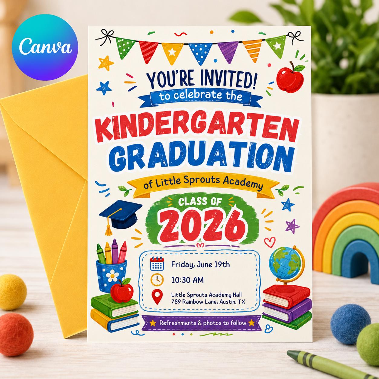 Kindergarten Graduation Invitation, Preschool Grad Party Invite with Photo, Canva Template __etsy:8093712495