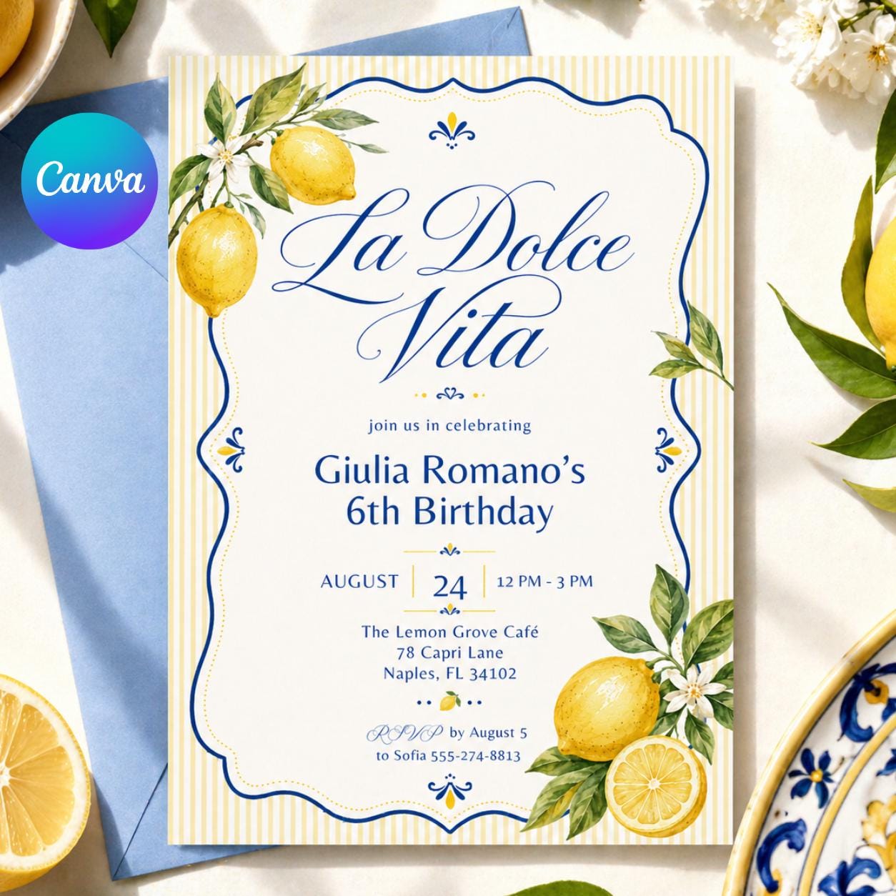 La Dolce Vita Birthday Invitation - Italian Dinner Party Invite, Editable in Canva, Editable Lemon Birthday Invitation __etsy:8002118932