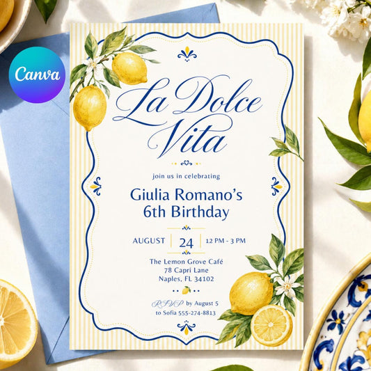 La Dolce Vita Birthday Invitation - Italian Dinner Party Invite, Editable in Canva, Editable Lemon Birthday Invitation __etsy:8002118932