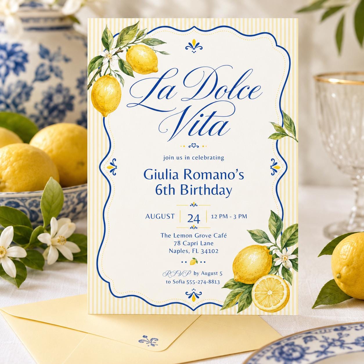 La Dolce Vita Birthday Invitation - Italian Dinner Party Invite, Editable in Canva, Editable Lemon Birthday Invitation __etsy:8050045823