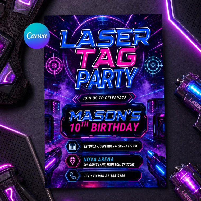 Neon Laser Tag 10th Birthday Invitation for Boys