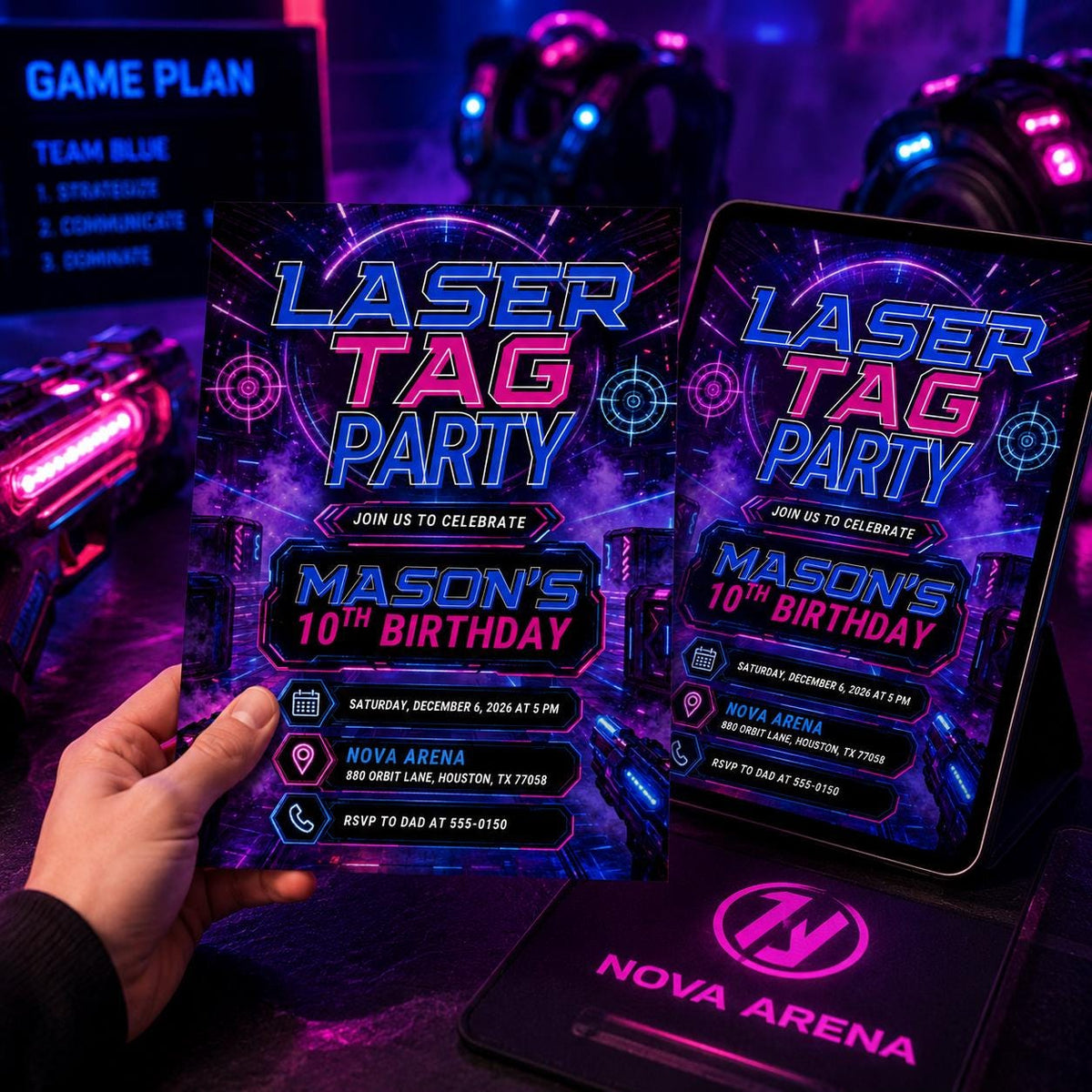Neon Laser Tag 10th Birthday Invitation for Boys — invitation you personalize in Canva
