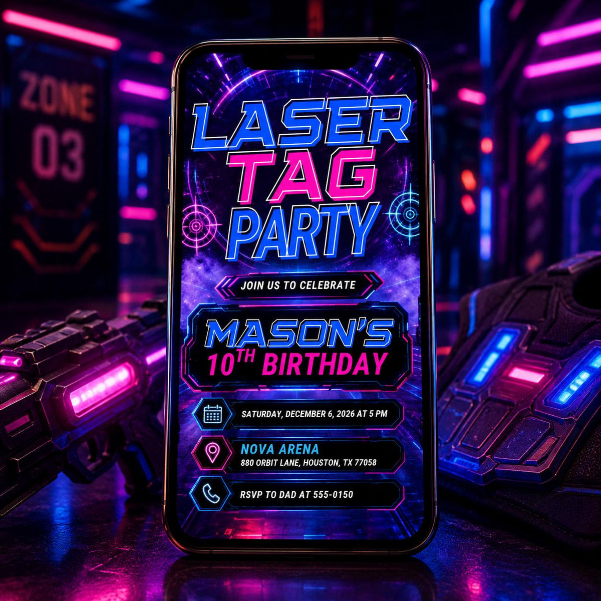 Neon Laser Tag 10th Birthday Invitation for Boys — print-ready 10th birthday party design from VoltBy