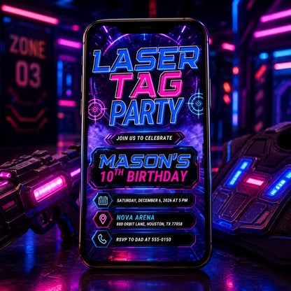 Neon Laser Tag 10th Birthday Invitation for Boys — print-ready 10th birthday party design from VoltBy
