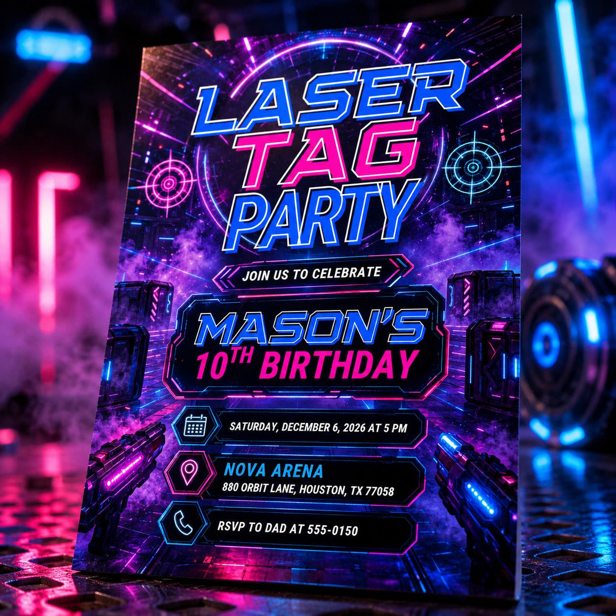 Neon Laser Tag 10th Birthday Invitation for Boys — digital invitation, instant download
