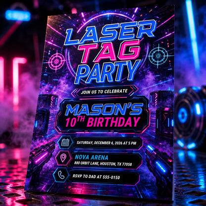 Neon Laser Tag 10th Birthday Invitation for Boys — digital invitation, instant download