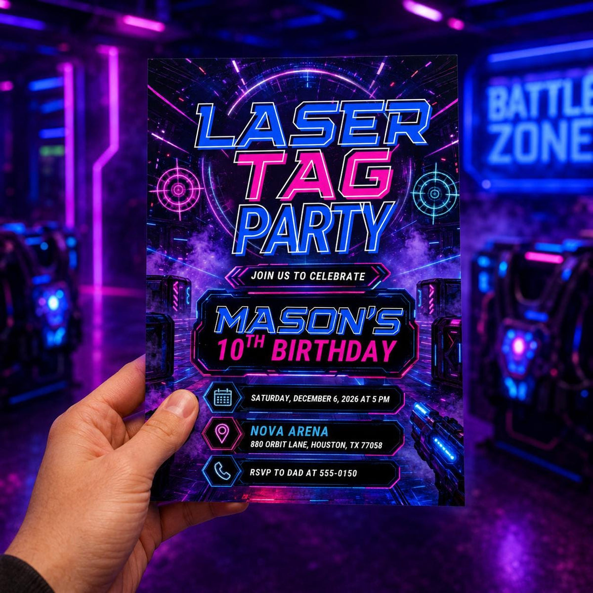 Neon Laser Tag 10th Birthday Invitation for Boys — 10th birthday party stationery by VoltBy