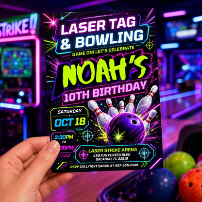 Laser Tag Bowling Birthday Invitation, Neon Laser Tag Invite, Glow Laser Tag Party, Arcade Game Kids, NEON Laser party, Editable Canva __etsy:8058858465