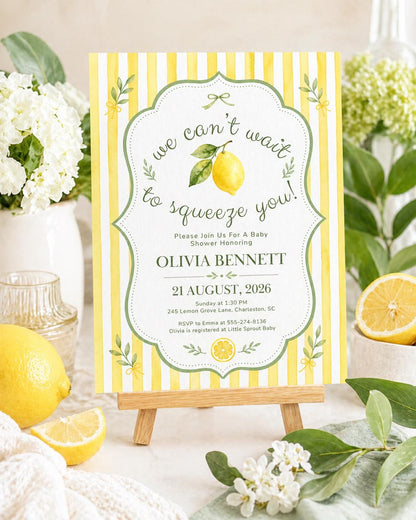 Lemon Baby Shower Invitation, We Can’t Wait to Squeeze You, Gender Neutral Citrus Baby Shower Invite, Editable Canva Template __etsy:7972398092
