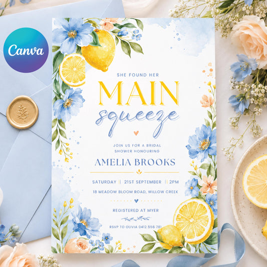 Lemon Bridal Shower Invitation, She Found Her Main Squeeze Bridal Shower Invite, Lemon First Birthday Invitation, Citrus 1st Birthday, Canva __etsy:8072223313