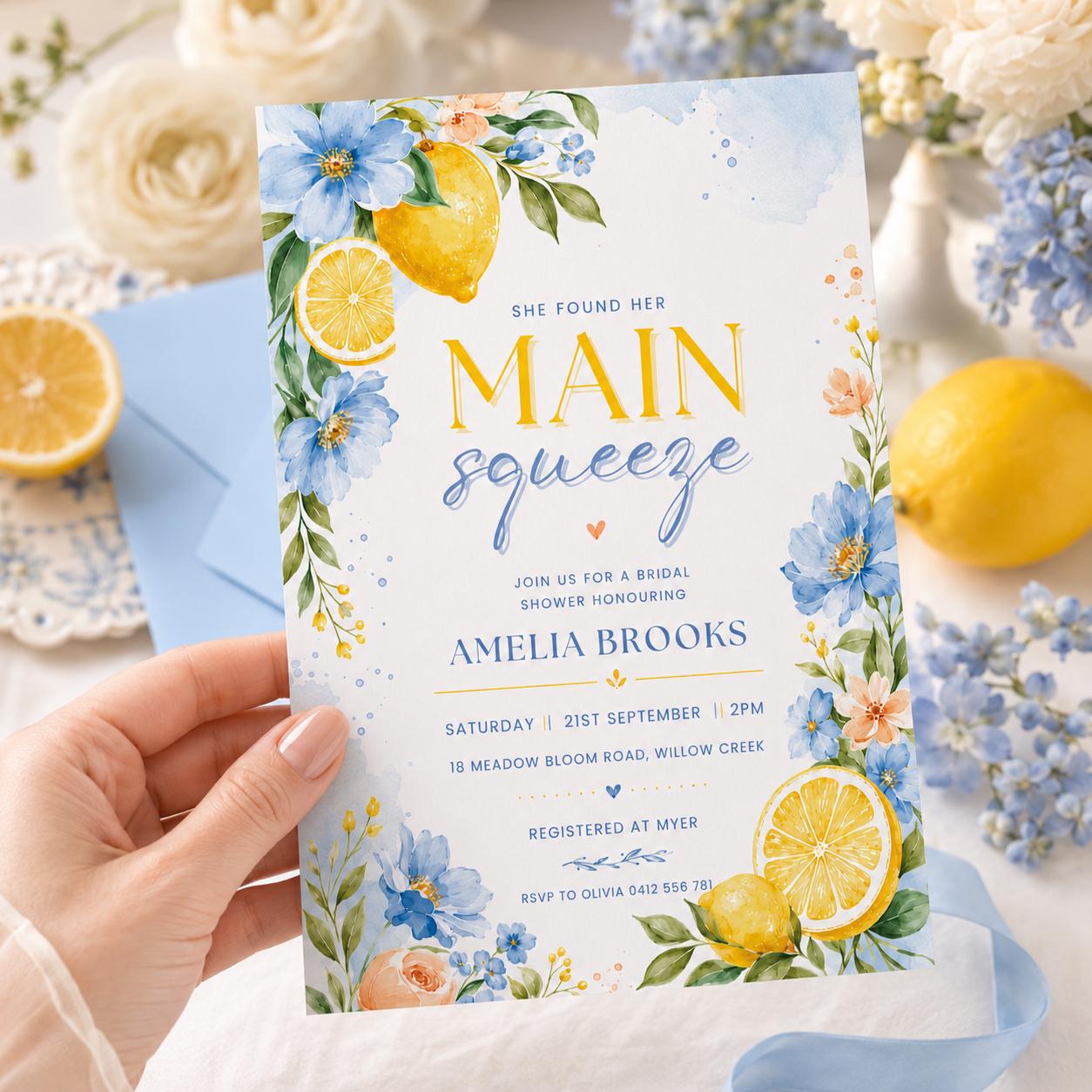 Lemon Bridal Shower Invitation, She Found Her Main Squeeze Bridal Shower Invite, Lemon First Birthday Invitation, Citrus 1st Birthday, Canva __etsy:8072219553