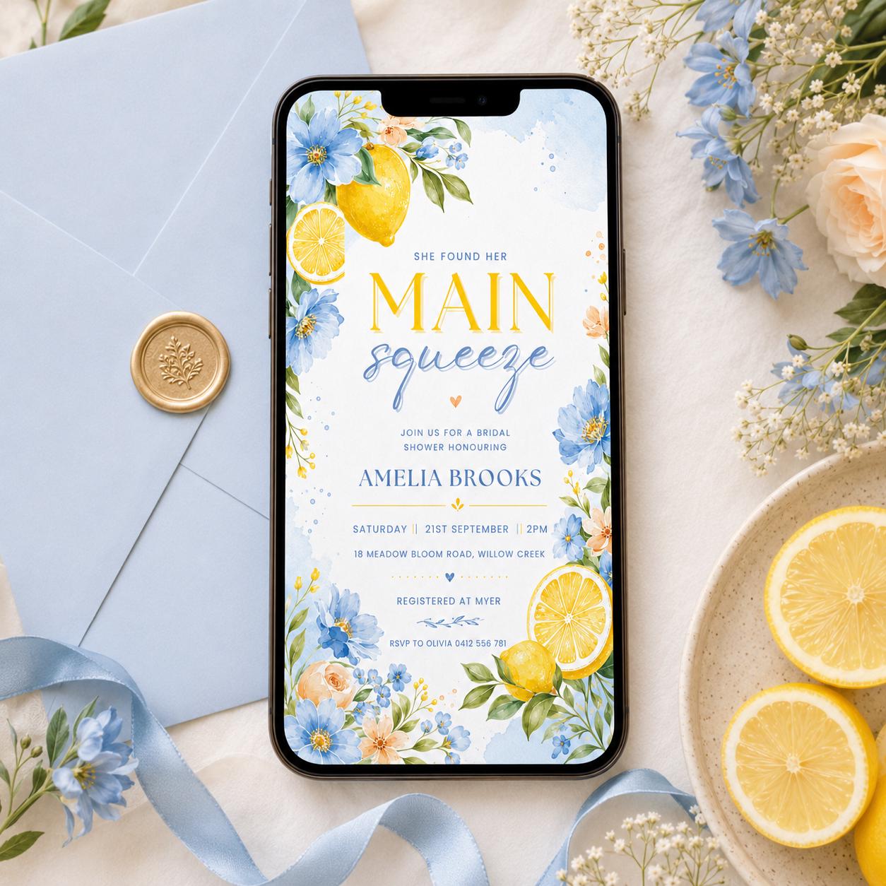 Lemon Bridal Shower Invitation, She Found Her Main Squeeze Bridal Shower Invite, Lemon First Birthday Invitation, Citrus 1st Birthday, Canva __etsy:8024309442