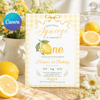 Lemon First Birthday Invitation, Main Squeeze Birthday Invite, Little Cutie Is One Party, Citrus 1st Birthday, Editable Canva Template __etsy:8024575325