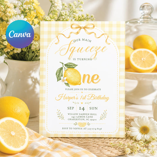 Lemon First Birthday Invitation, Main Squeeze Birthday Invite, Little Cutie Is One Party, Citrus 1st Birthday, Editable Canva Template __etsy:8024575325