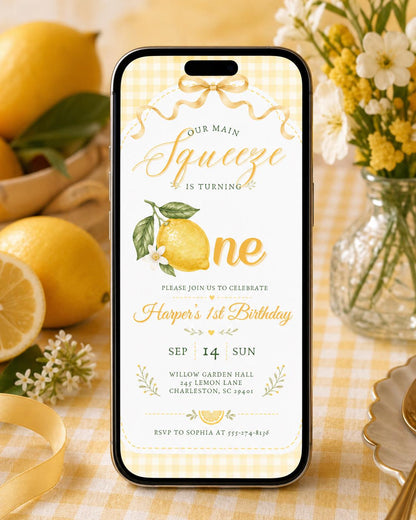 Lemon First Birthday Invitation, Main Squeeze Birthday Invite, Little Cutie Is One Party, Citrus 1st Birthday, Editable Canva Template __etsy:8020339135
