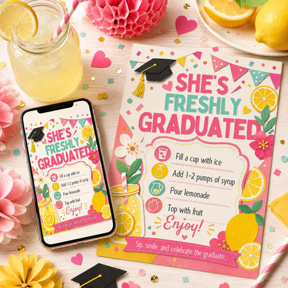 Lemonade Bar Sign, Lemonade bar Mocktail Print, Graduation Party Drink Menu Template Poster Non Alcoholic Bar Grad Birthday Table Sign Decor __etsy:8080955572