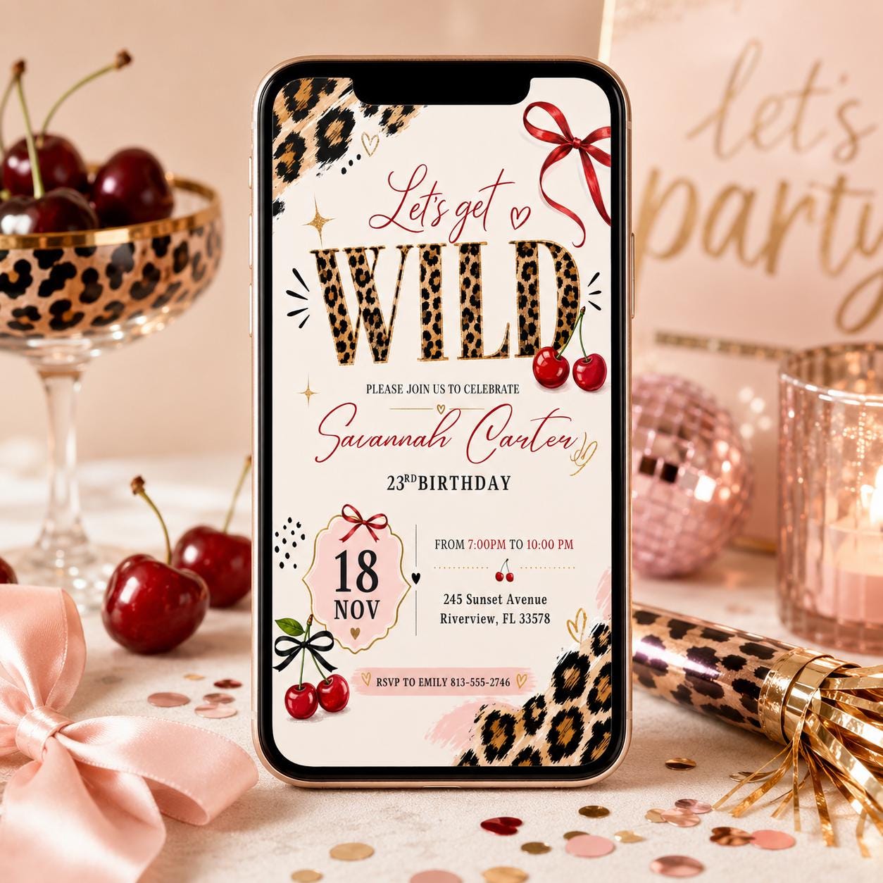 Leopard Print, Let’s Get Wild Birthday Invitation, 21st Bday, Girls Night Out, Cherry & Animal Print Party Invite, Cheetah Cherry, Canva __etsy:8047277071