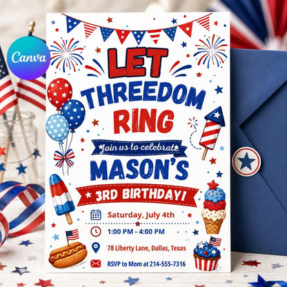 Let Threedom Ring 3rd Birthday Invitation Printable Boy, Patriotic Birthday, 4th of July Birthday, 250th Anniversary, All American Boy Canva __etsy:8036519702