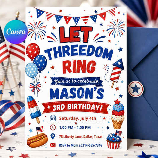 Let Threedom Ring 3rd Birthday Invitation Printable Boy, Patriotic Birthday, 4th of July Birthday, 250th Anniversary, All American Boy Canva __etsy:8036519702