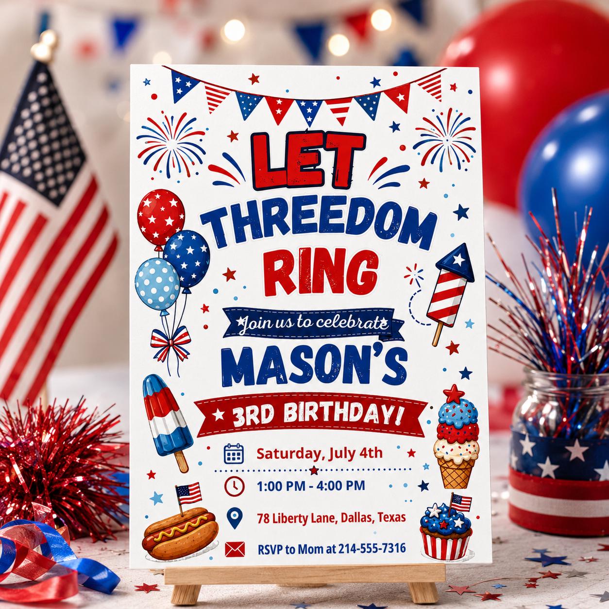 Let Threedom Ring 3rd Birthday Invitation Printable Boy, Patriotic Birthday, 4th of July Birthday, 250th Anniversary, All American Boy Canva __etsy:8036509392