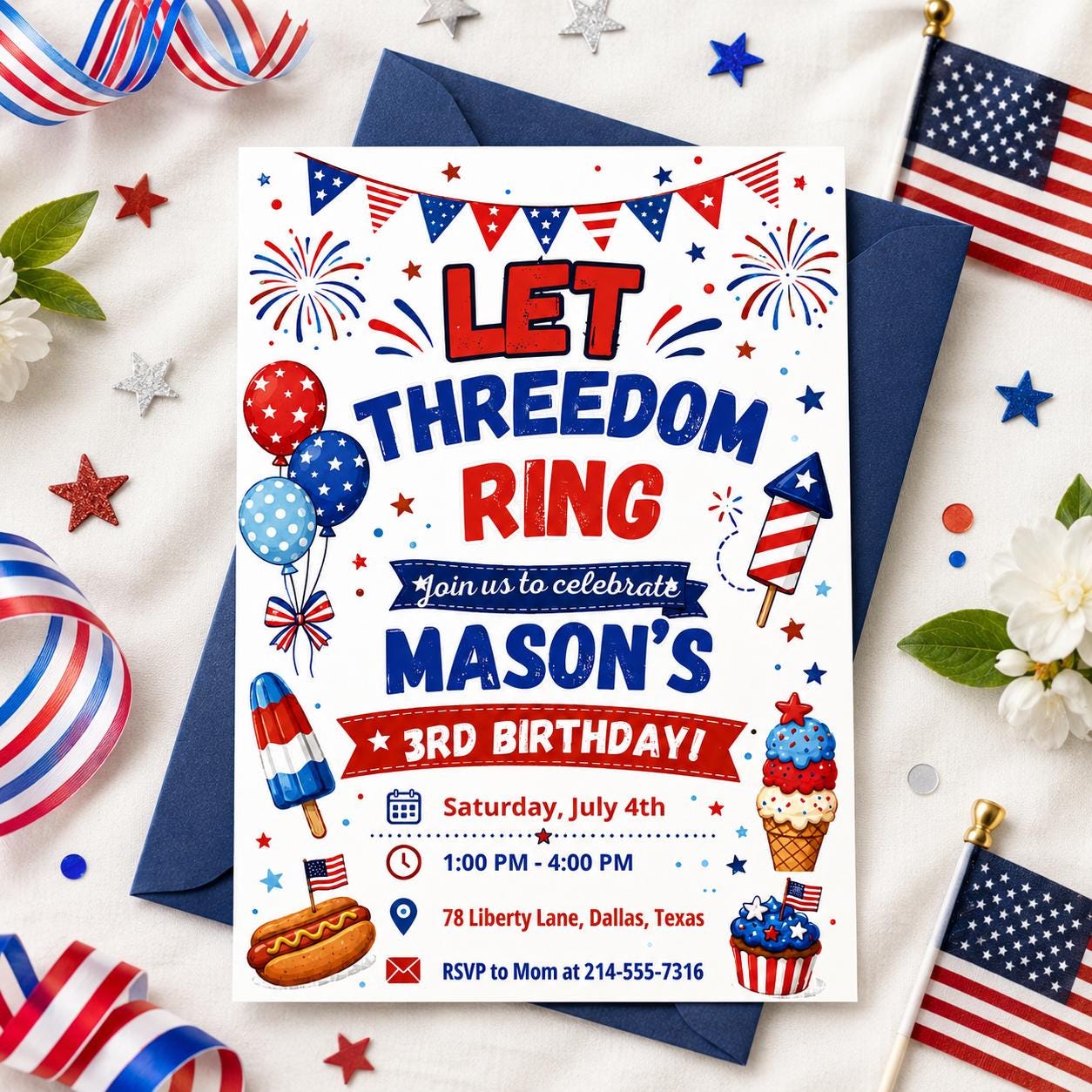 Let Threedom Ring 3rd Birthday Invitation Printable Boy, Patriotic Birthday, 4th of July Birthday, 250th Anniversary, All American Boy Canva __etsy:8084424717