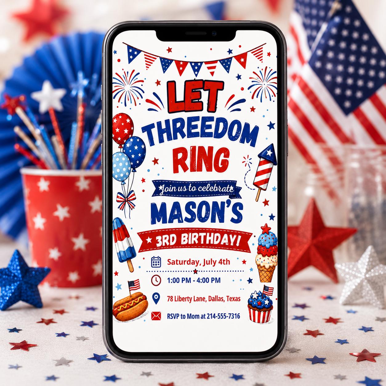 Let Threedom Ring 3rd Birthday Invitation Printable Boy, Patriotic Birthday, 4th of July Birthday, 250th Anniversary, All American Boy Canva __etsy:8084424707