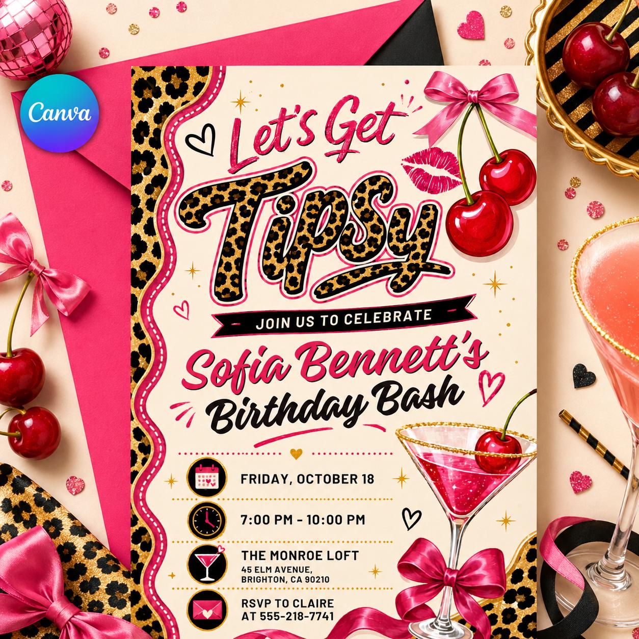 Let's Get Tipsy Birthday Invitation, Leopard Print Pajama Party, Cherry Cheetah Birthday Invite, Cheetah Print Birthday Party Editable Canva __etsy:8085393873