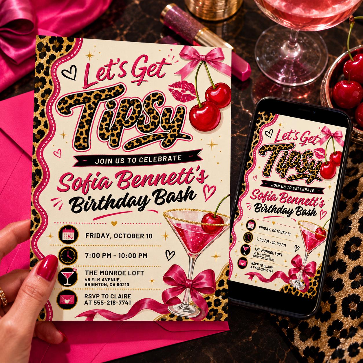 Let's Get Tipsy Birthday Invitation, Leopard Print Pajama Party, Cherry Cheetah Birthday Invite, Cheetah Print Birthday Party Editable Canva __etsy:8085394297