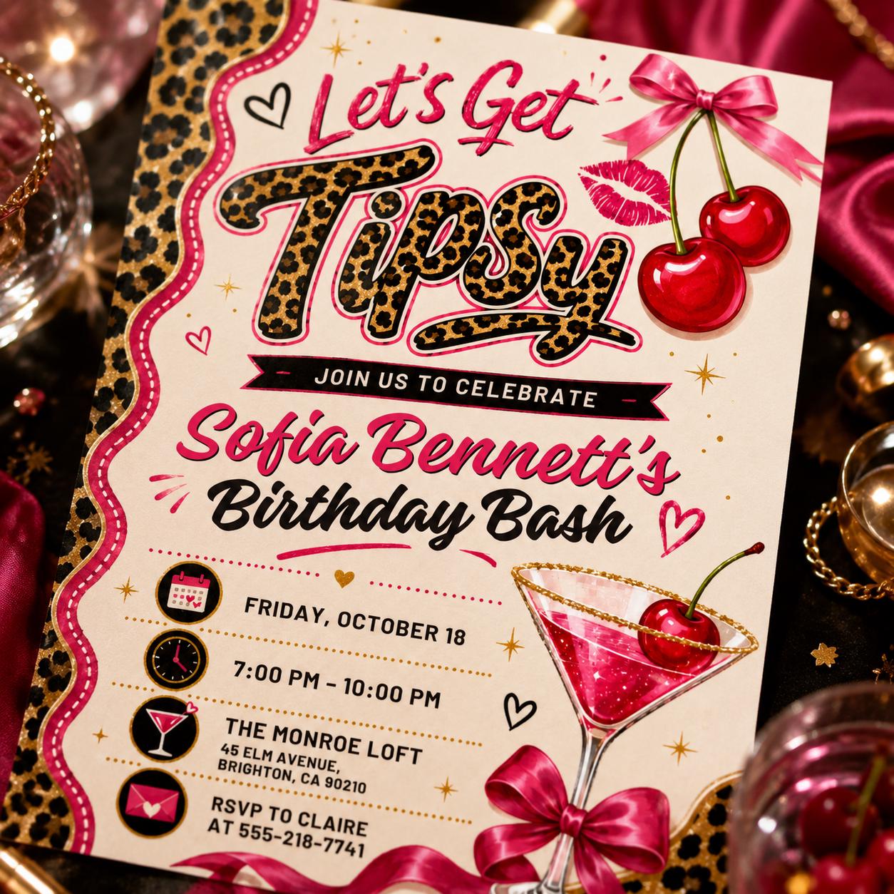 Let's Get Tipsy Birthday Invitation, Leopard Print Pajama Party, Cherry Cheetah Birthday Invite, Cheetah Print Birthday Party Editable Canva __etsy:8085394269