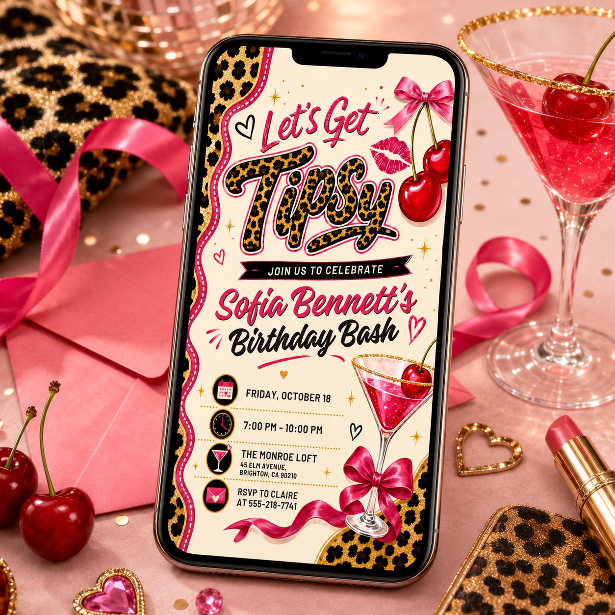 Let's Get Tipsy Birthday Invitation, Leopard Print Pajama Party, Cherry Cheetah Birthday Invite, Cheetah Print Birthday Party Editable Canva __etsy:8085394279