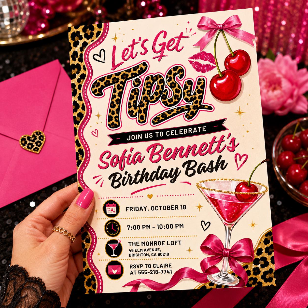 Let's Get Tipsy Birthday Invitation, Leopard Print Pajama Party, Cherry Cheetah Birthday Invite, Cheetah Print Birthday Party Editable Canva __etsy:8085394545