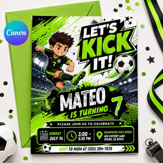 Let's Kick It! Soccer party soccer ball, grass, watercolor black green, football, sports Soccer Birthday Invitation, Editable Canva Template __etsy:8045102329