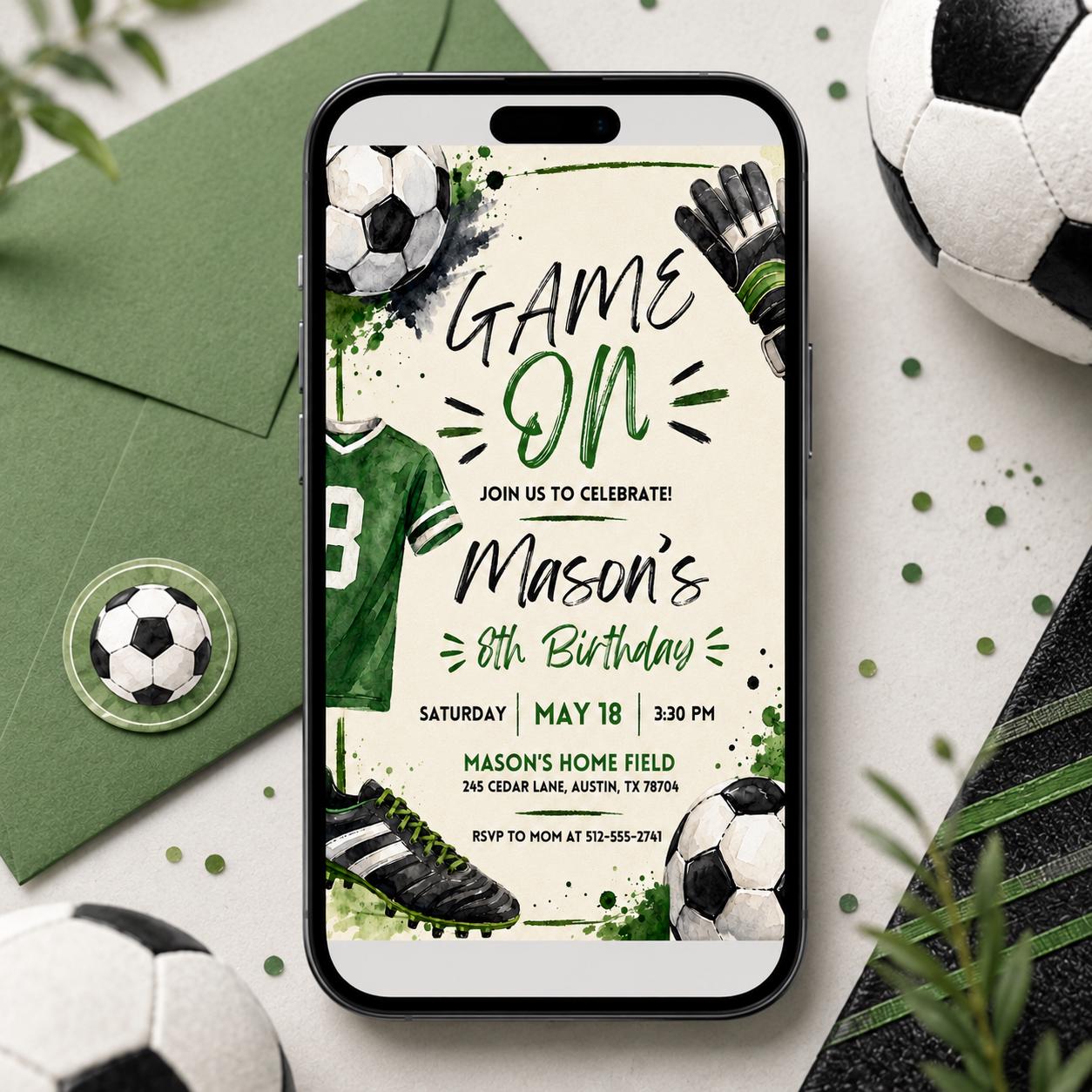 Let's Kick It! Soccer party soccer ball, grass, watercolor black green, football, sports Soccer Birthday Invitation, Editable Canva Template __etsy:8029197764