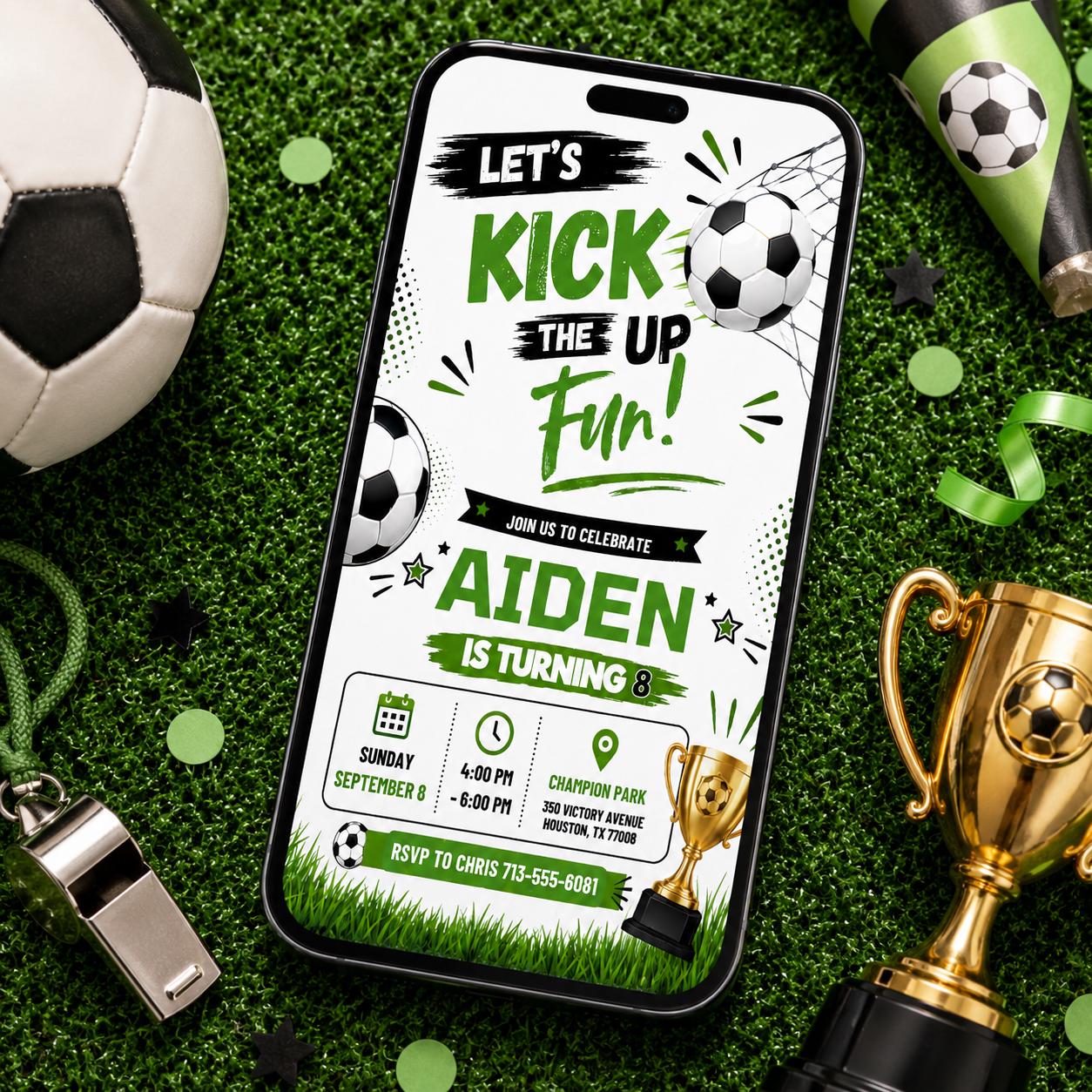 Let's Kick It! Soccer party soccer ball, grass, watercolor black green, football, sports Soccer Birthday Invitation, Editable Canva Template __etsy:8078423007
