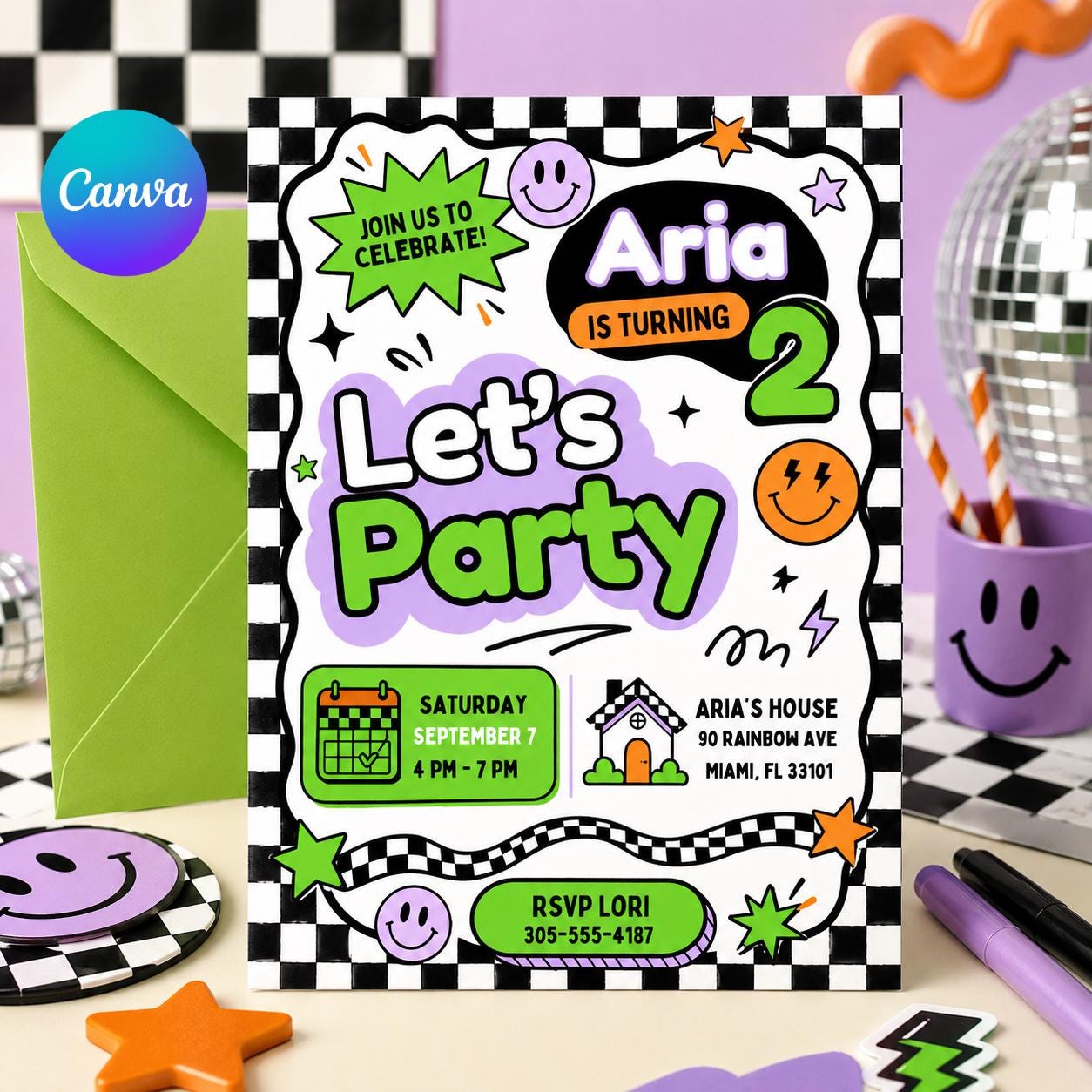 Let's Party Invitation, Bright and Cheerful Party, Pastel Girl Birthday invite, Simple Colorful Birthday Invite, Editable Canva Template __etsy:8078504047